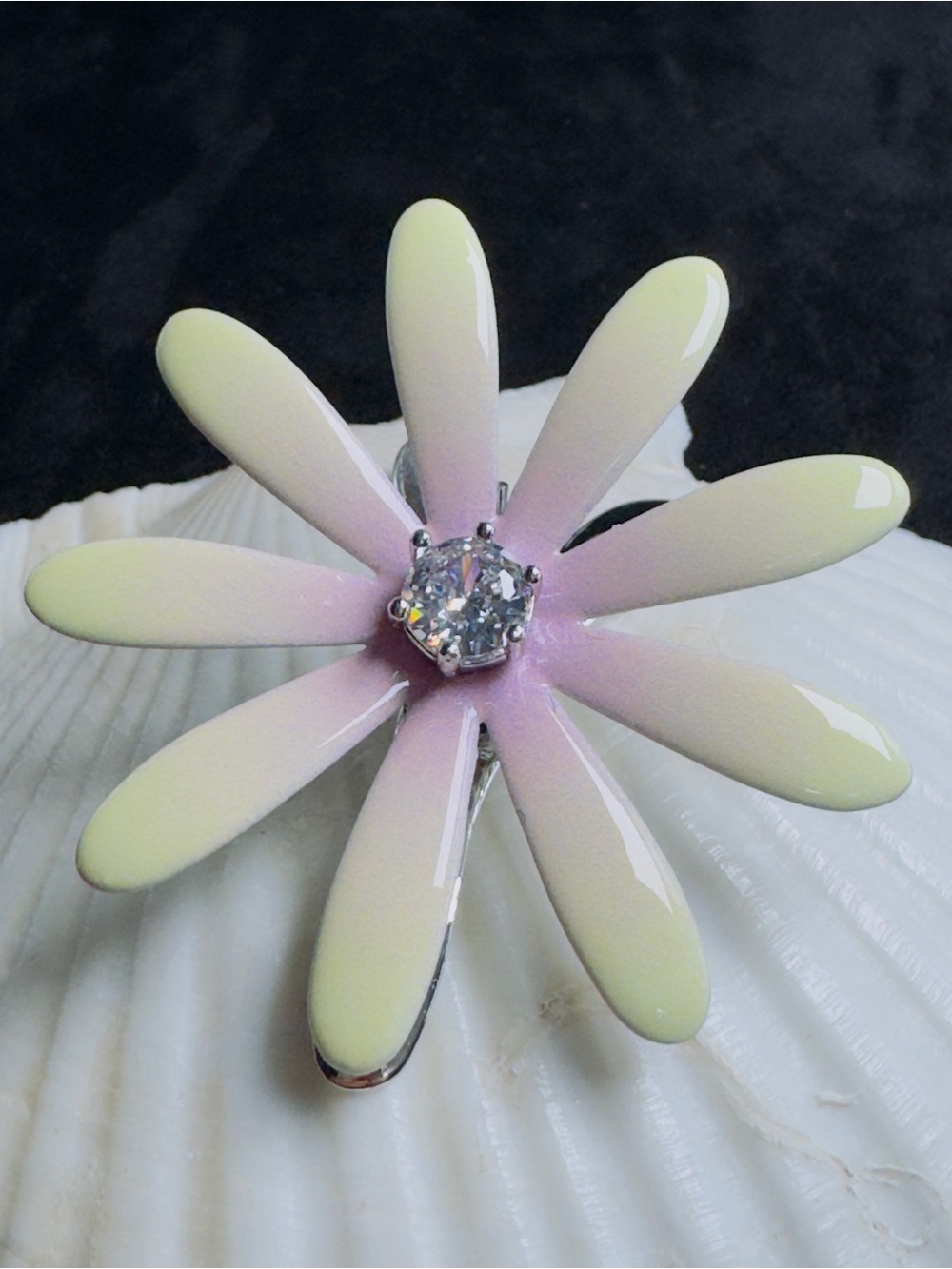 Pastel Yellow & Pink Daisy Hair Clip with Clear Crystal Center